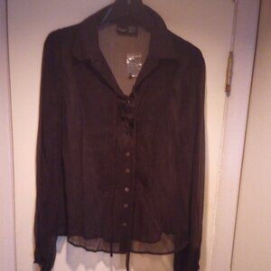 Beautiful Black sheer 100% silk blouse sz 14 Brand Cami New with xtra button!